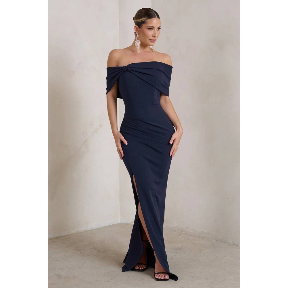 Club L London Eva Navy Bardot Bow Detail Maxi Dress Thigh Split NWT Size 10